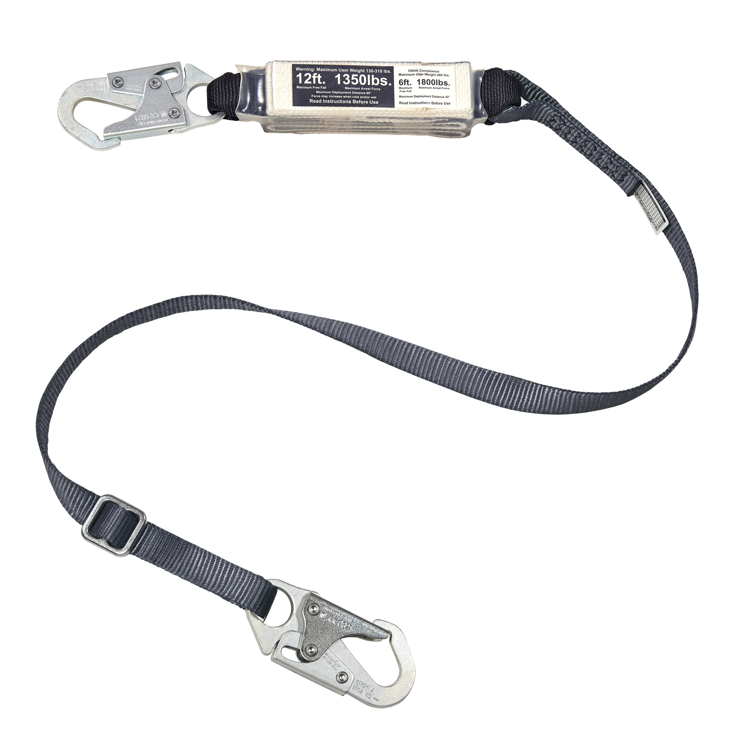 V-SERIES 12FT Free Fall/Heavy Worker single leg energy absorbing lanyard, 6' small snaphook